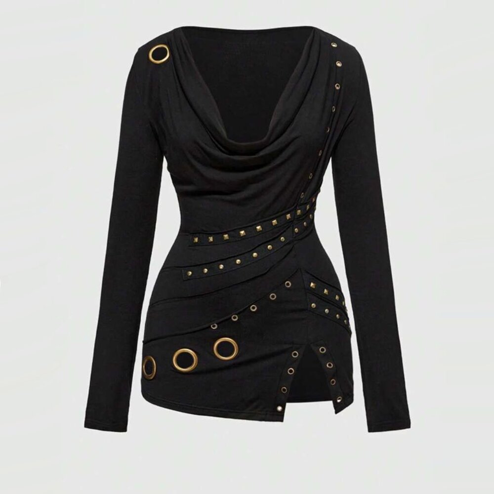ROMWE Grunge Punk Metal Grommet Design Plunging Neckline Long Sleeve Fitted Top